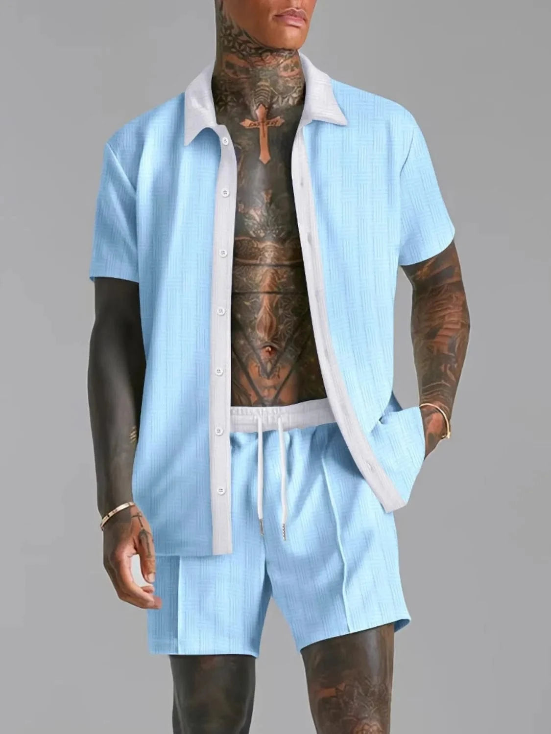 Men's Full Size Collared Neck Short Sleeve Top and Shorts Set Plus Size Pastel  Blue / S Jonathan M Collection