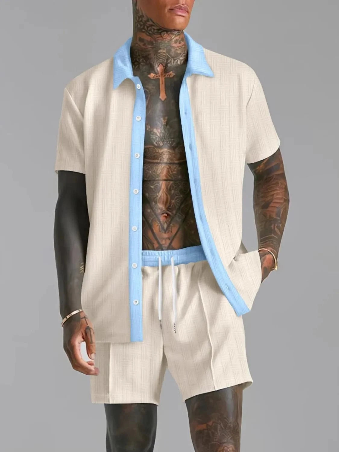 Men's Full Size Collared Neck Short Sleeve Top and Shorts Set Plus Size Tan / S Jonathan M Collection