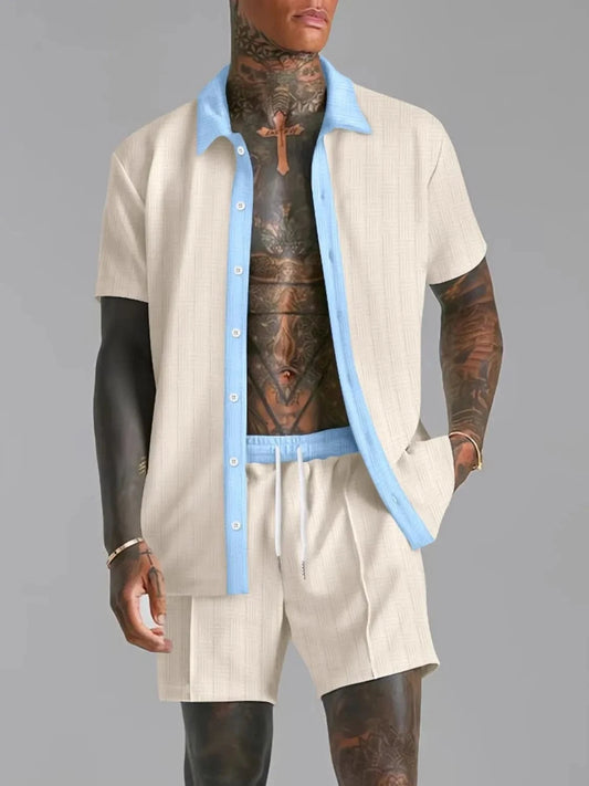 Men's Full Size Collared Neck Short Sleeve Top and Shorts Set Plus Size Tan / S Jonathan M Collection