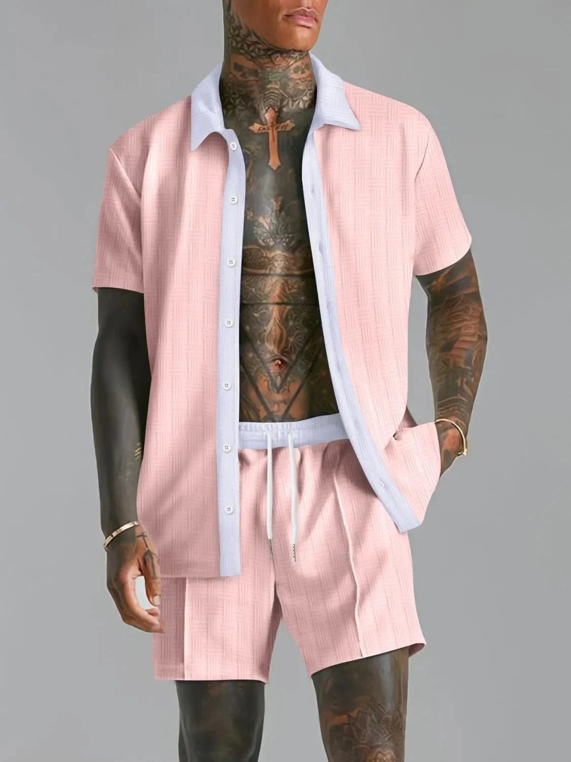 Men's Full Size Collared Neck Short Sleeve Top and Shorts Set Plus Size Blush Pink / S Jonathan M Collection