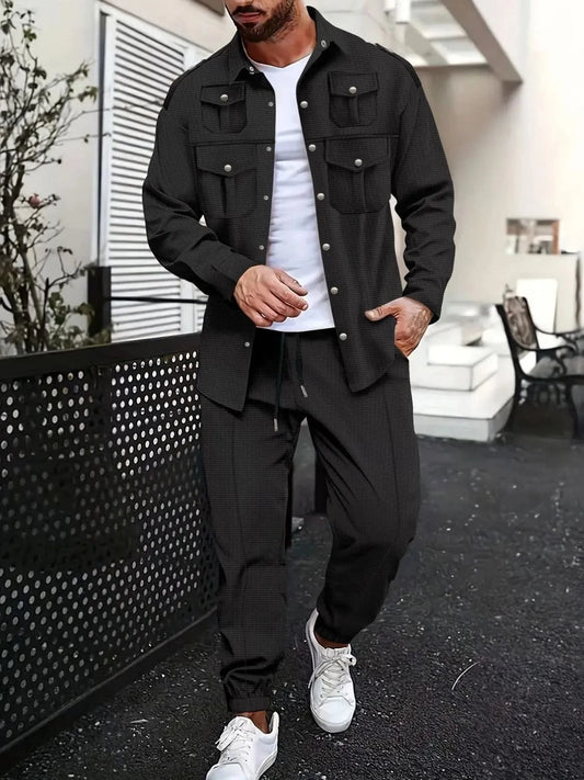 Men's Full Size Snap Down Long Sleeve Top and Pants Set Plus Size Black / S Jonathan M Collection