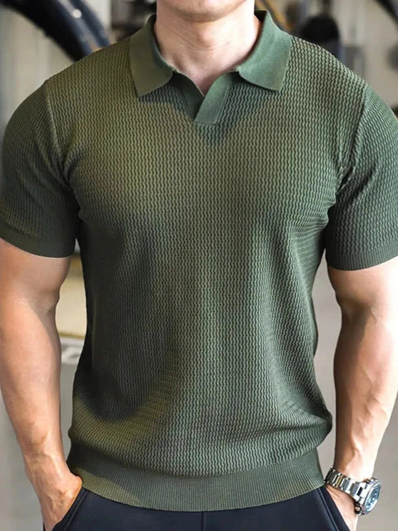 Men's Full Size Textured Knit Polo Shirt Plus Size Army Green / S Jonathan M Collection