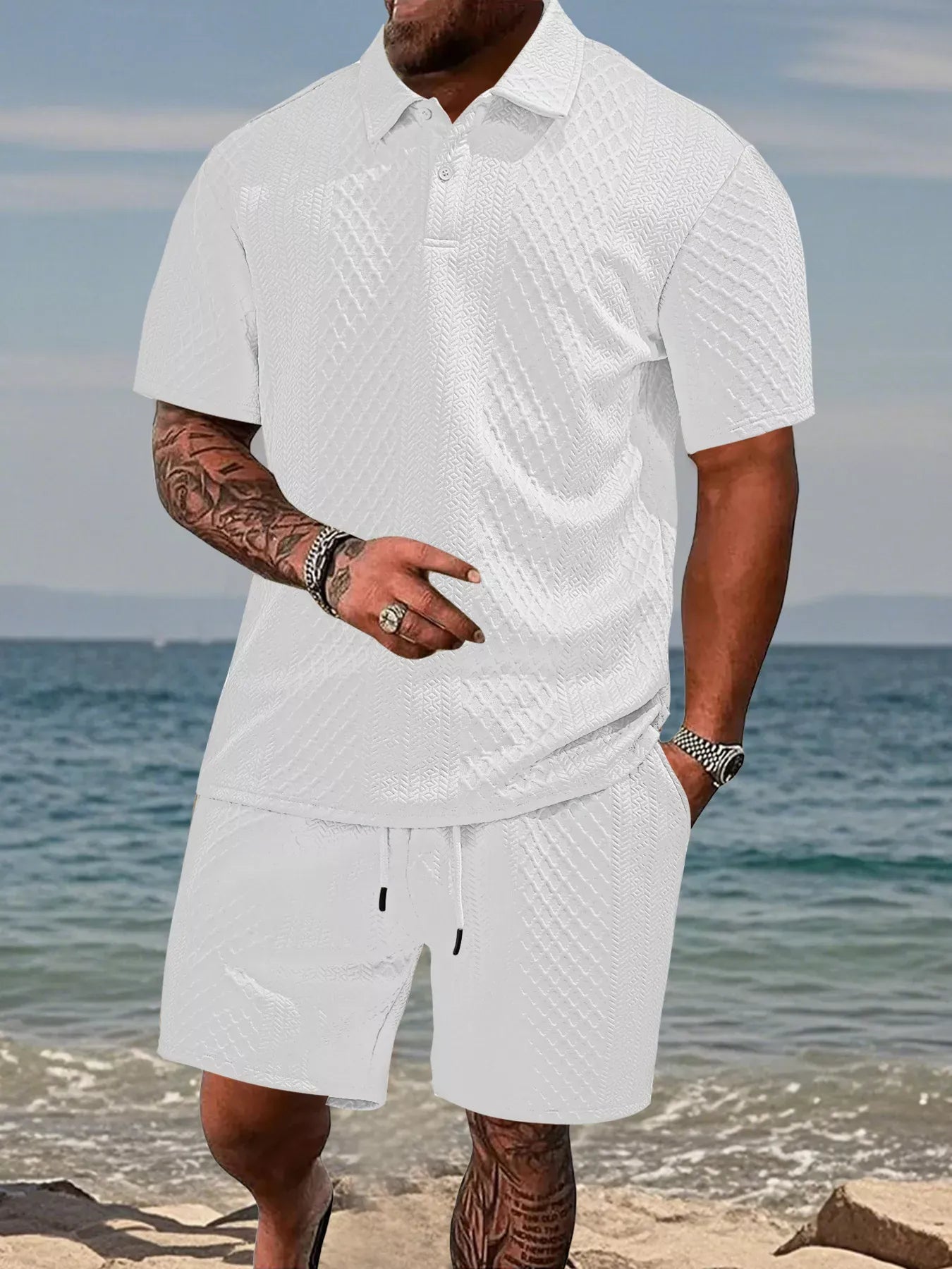 Men's Full Size Textured Knit Polo Shirt & Shorts Set Plus Size White / S The Nichole Collection