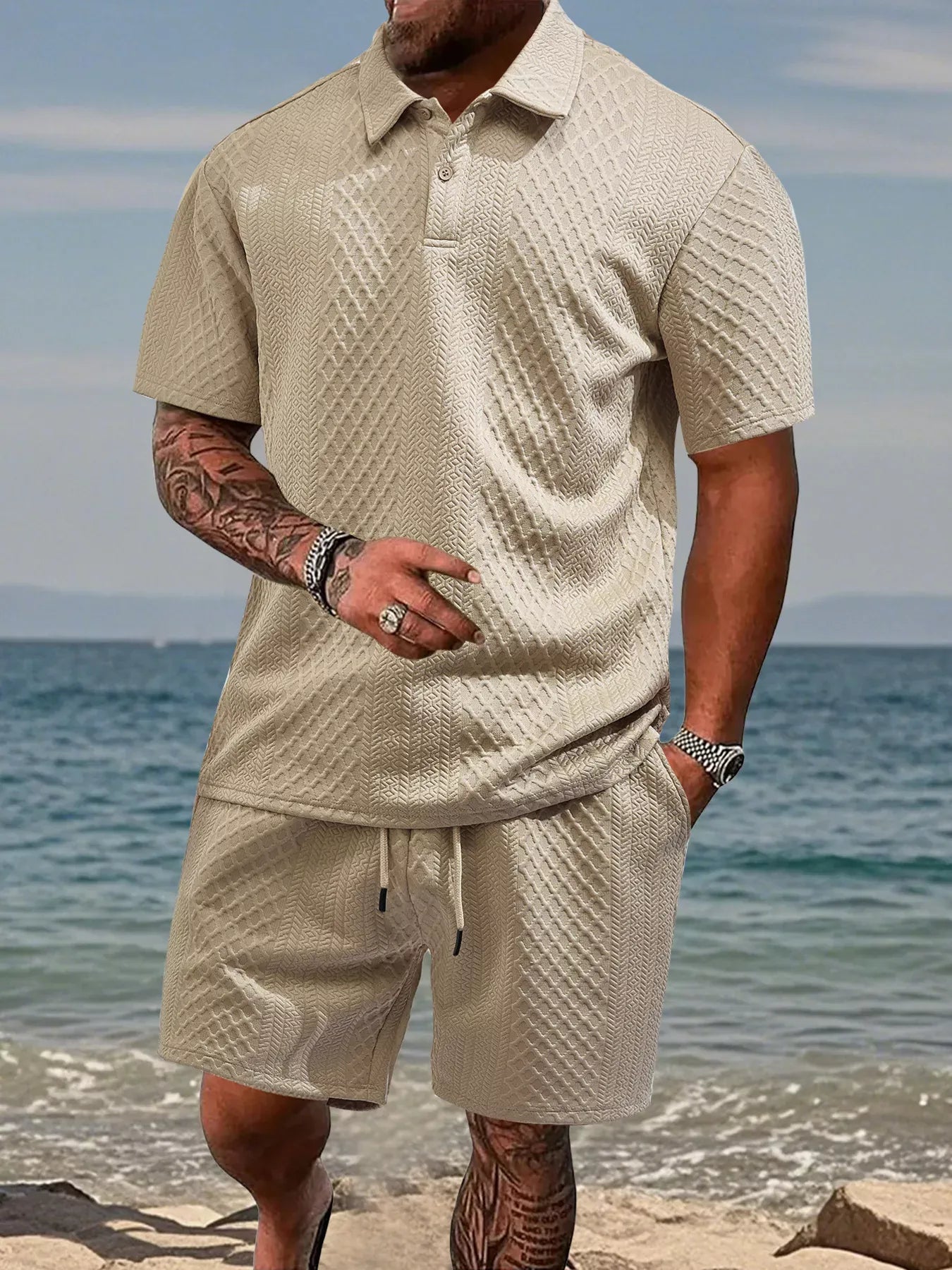 Men's Full Size Textured Knit Polo Shirt & Shorts Set Plus Size Khaki / S The Nichole Collection