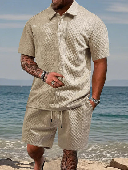 Men's Full Size Textured Knit Polo Shirt & Shorts Set Plus Size Khaki / S The Nichole Collection