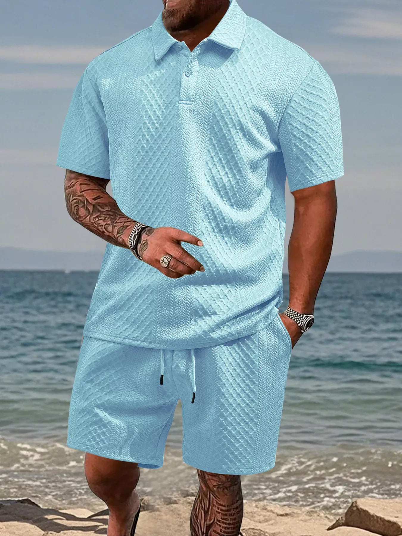 Men's Full Size Textured Knit Polo Shirt & Shorts Set Plus Size Light Blue / S The Nichole Collection