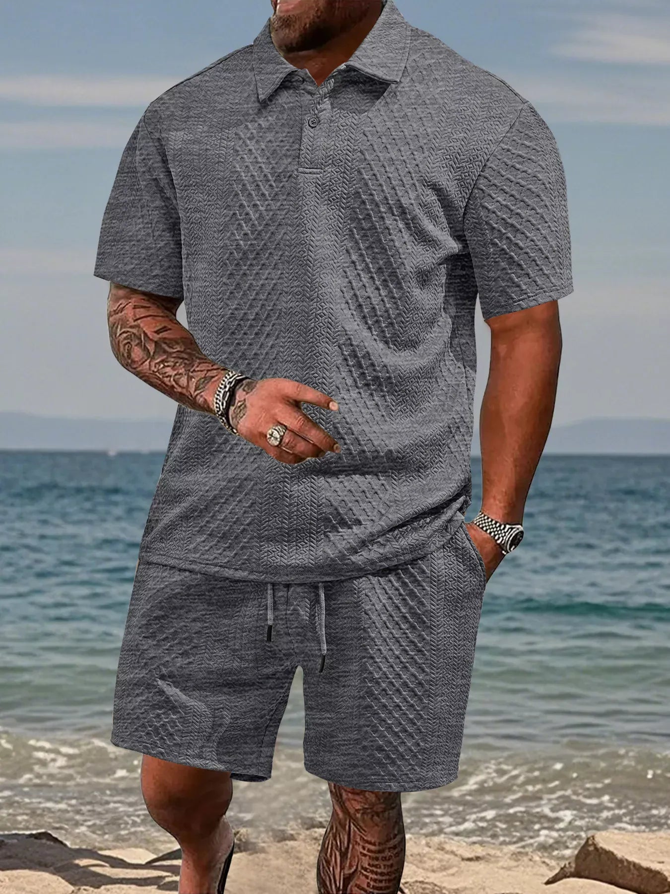 Men's Full Size Textured Knit Polo Shirt & Shorts Set Plus Size Gray / S The Nichole Collection