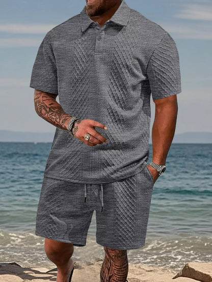 Men's Full Size Textured Knit Polo Shirt & Shorts Set Plus Size Gray / S The Nichole Collection