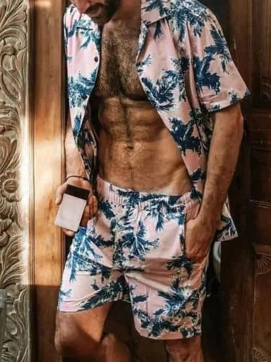 Men's Full Size Tropical Print Hawaiian Style Top and Shorts Set Plus Size Pink / S Jonathan M Collection