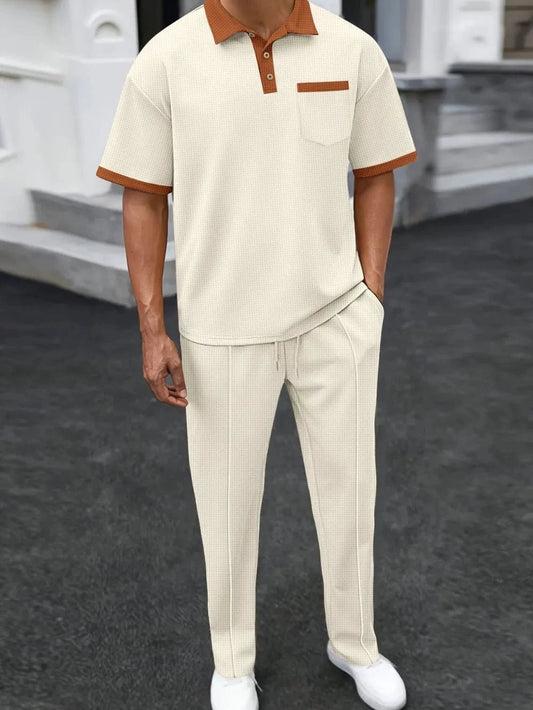 Men's Full Size Waffle-Knit Contrast Polo and Pants Set Plus Size Beige / S Jonathan M Collection
