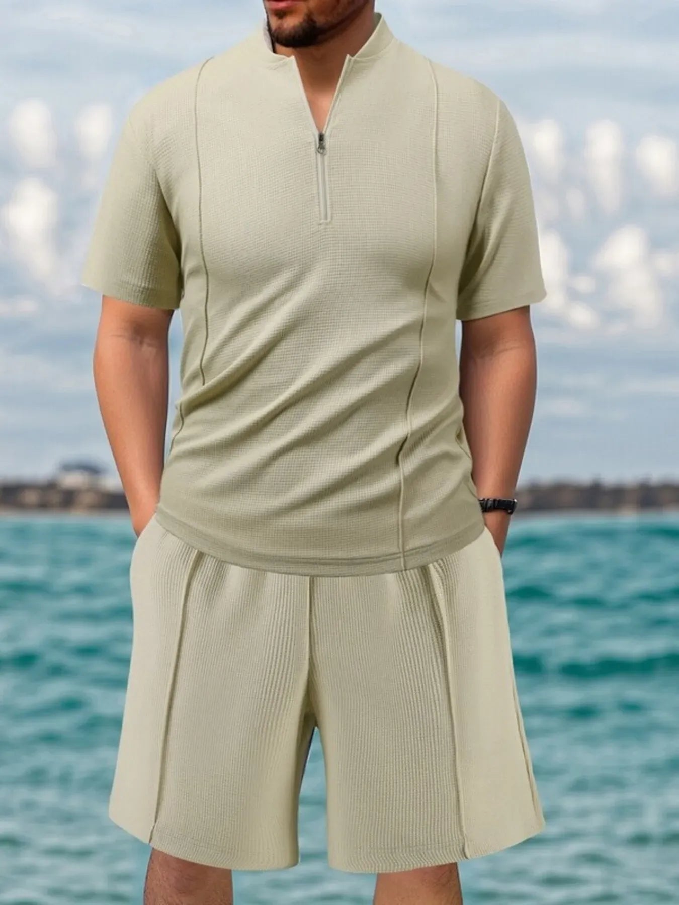 Men's Full Size Zip Front Short Sleeve Top and Shorts Set Plus Size Apricot / S Trendsi