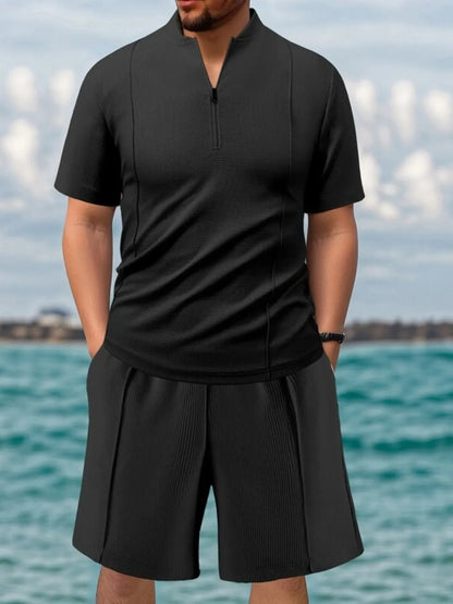 Men's Full Size Zip Front Short Sleeve Top and Shorts Set Plus Size Black / S Trendsi
