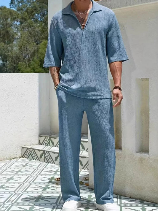 Men's Johnny Collar Half Sleeve Top and Pants Set Dusty Blue / S Jonathan M Collection