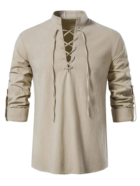 Men's Lace Up Long Sleeve Blouse Khaki / S Jonathan M Collection