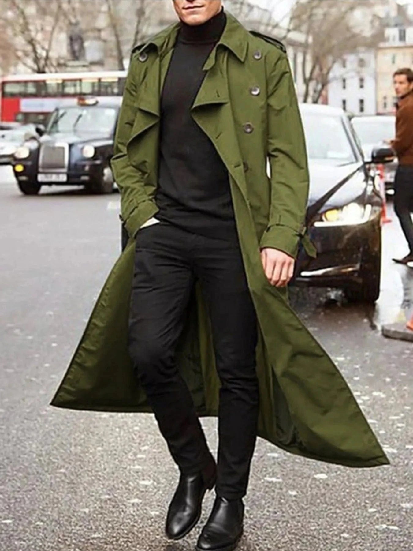 Men's Long Sleeve Longline Trench Coat Green / S The Nichole Collection