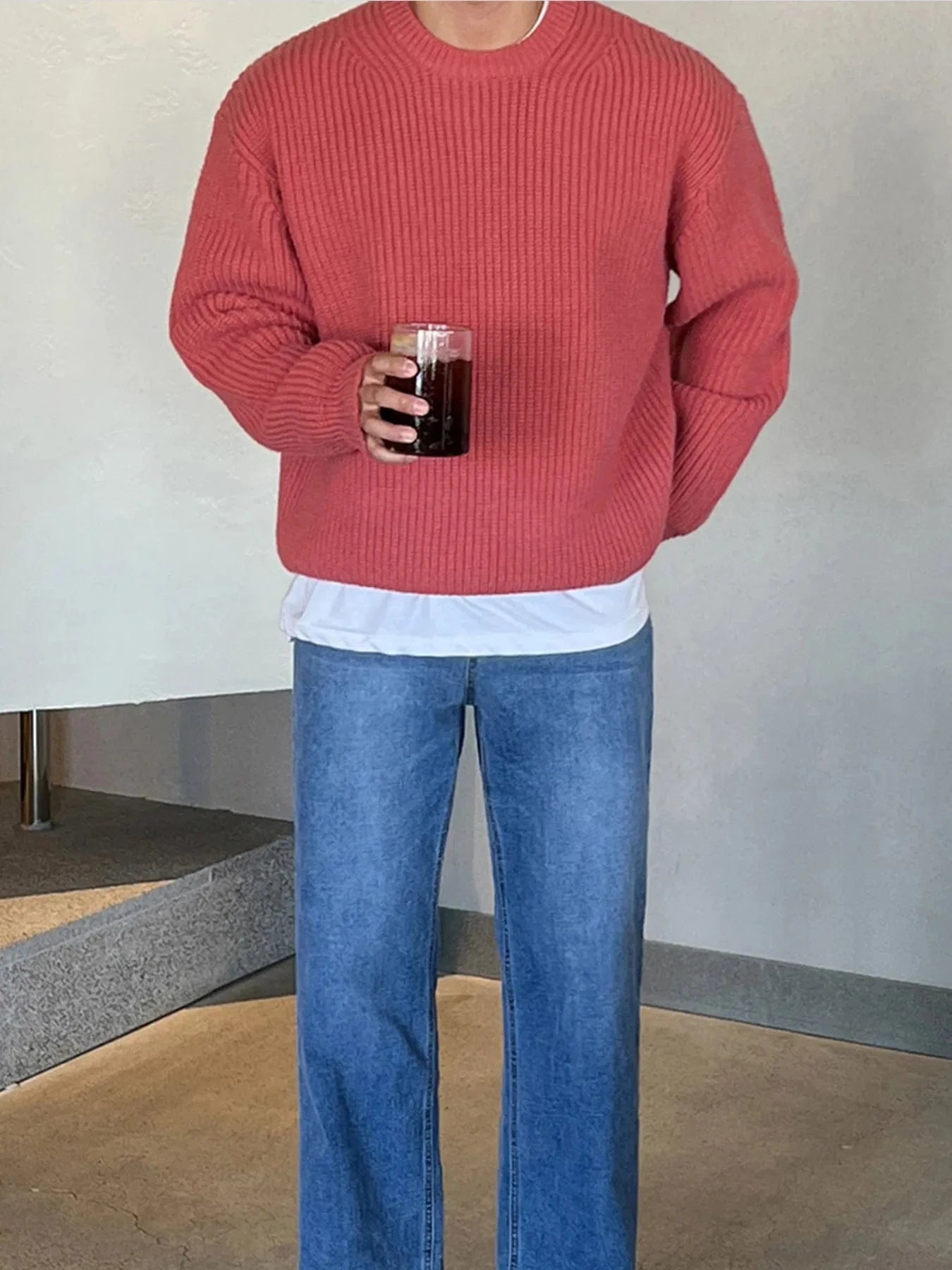 Men's Oversized Ribbed Round Neck Sweater Pink / S The Nichole Collection