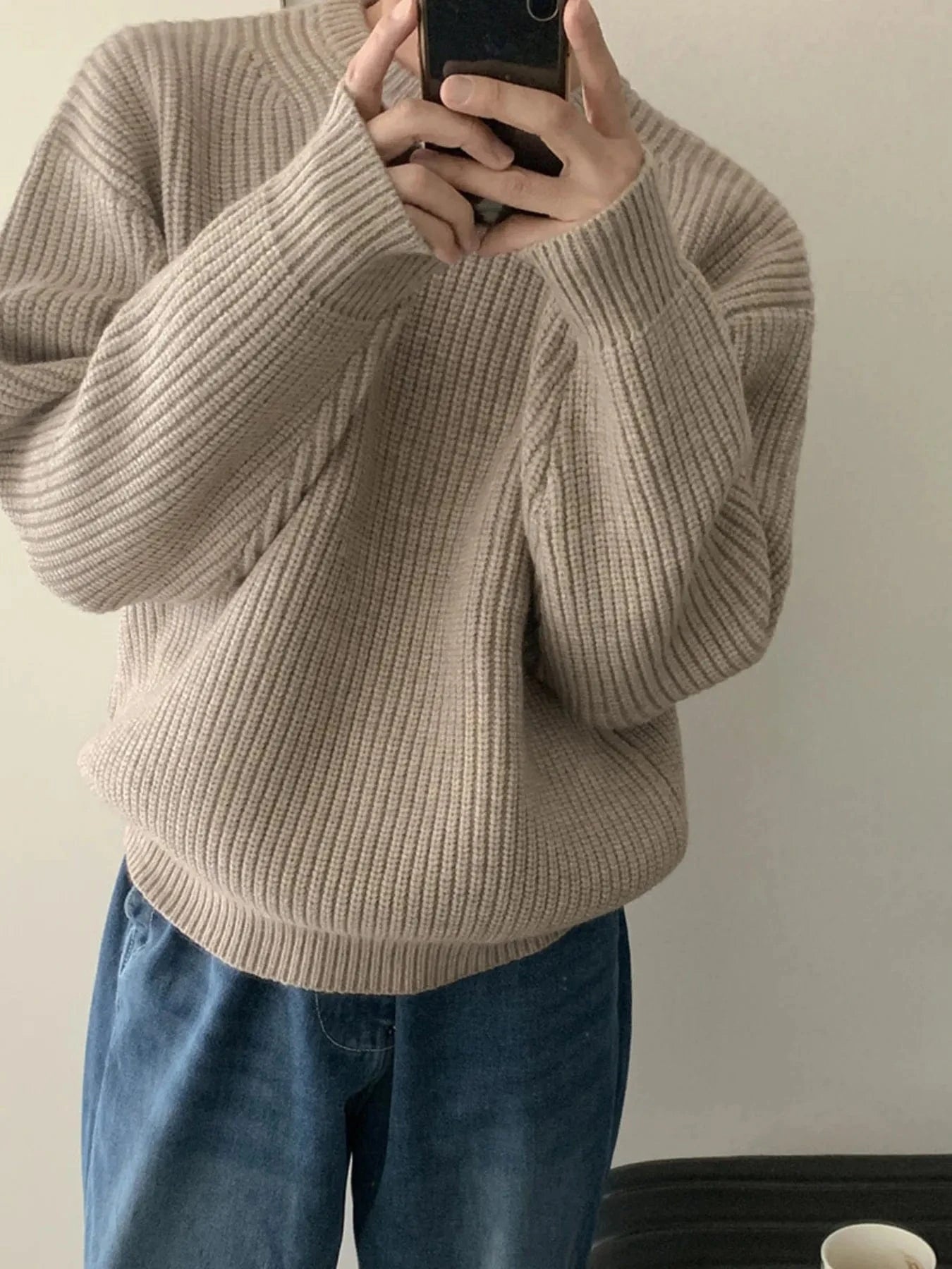 Men's Oversized Ribbed Round Neck Sweater Khaki / S The Nichole Collection