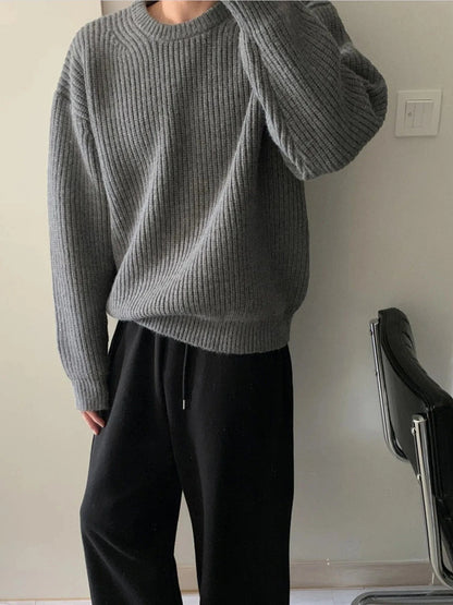 Men's Oversized Ribbed Round Neck Sweater Grey / S The Nichole Collection
