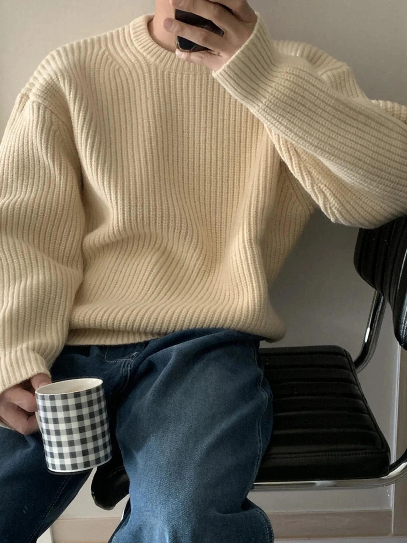 Men's Oversized Ribbed Round Neck Sweater Apricot / S The Nichole Collection