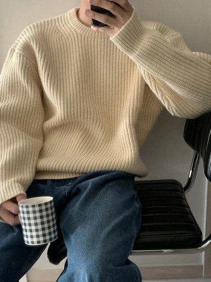 Men's Oversized Ribbed Round Neck Sweater Apricot / S The Nichole Collection