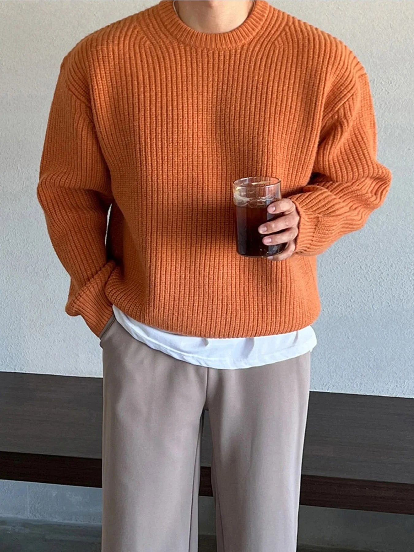 Men's Oversized Ribbed Round Neck Sweater Orange / S The Nichole Collection
