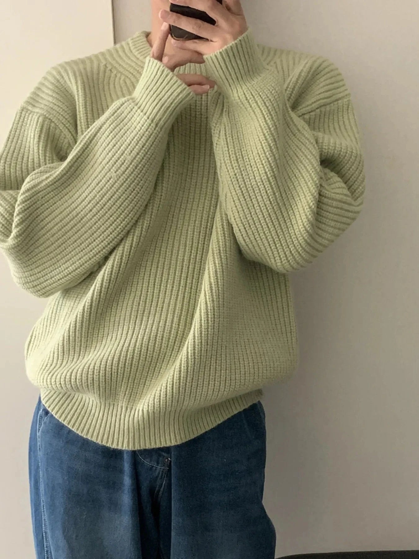 Men's Oversized Ribbed Round Neck Sweater Green / S The Nichole Collection