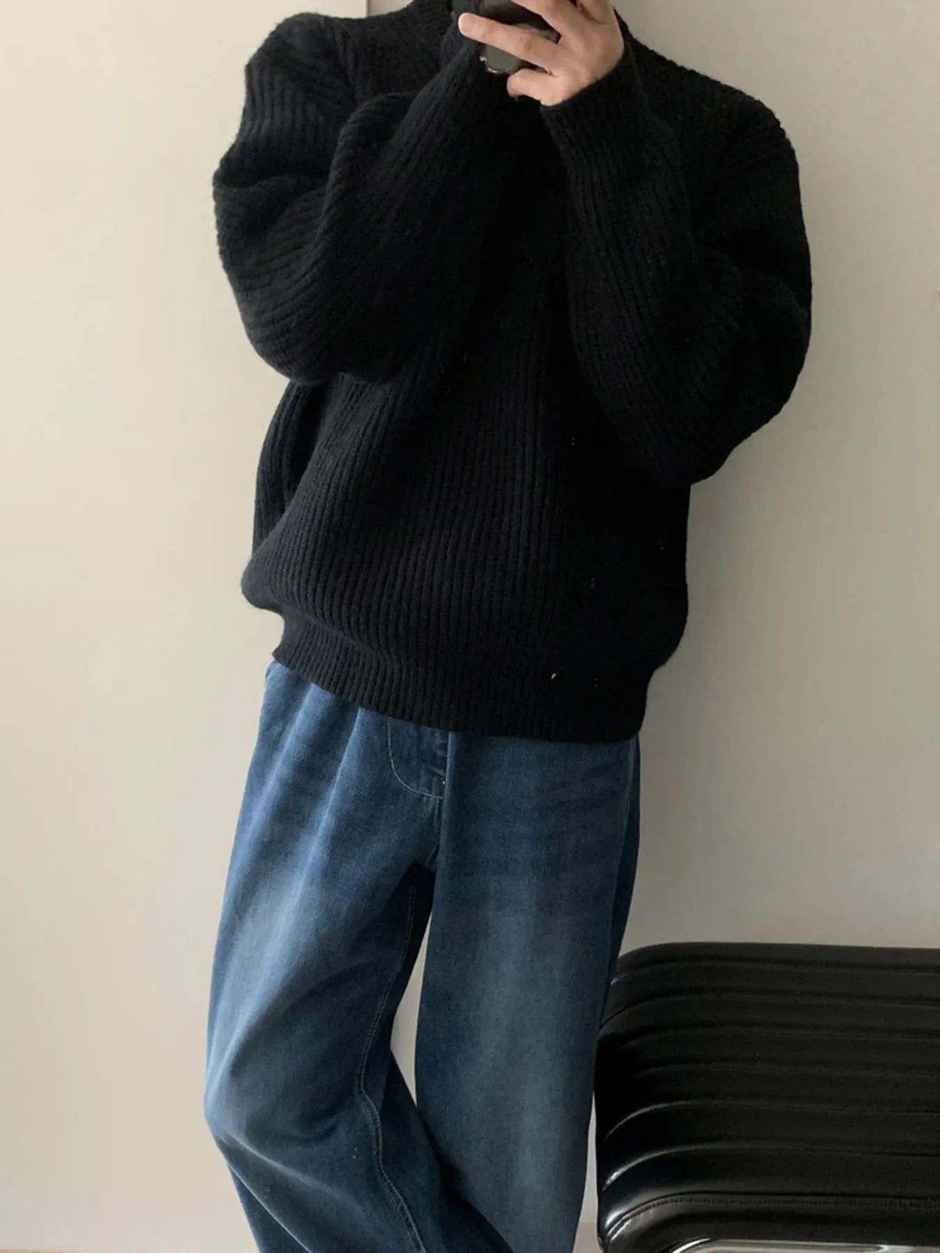 Men's Oversized Ribbed Round Neck Sweater Black / S The Nichole Collection