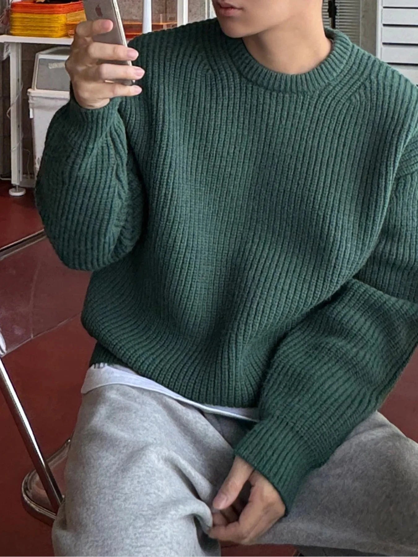 Men's Oversized Ribbed Round Neck Sweater Army Green / S The Nichole Collection