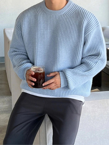 Men's Oversized Ribbed Round Neck Sweater Blue / S The Nichole Collection