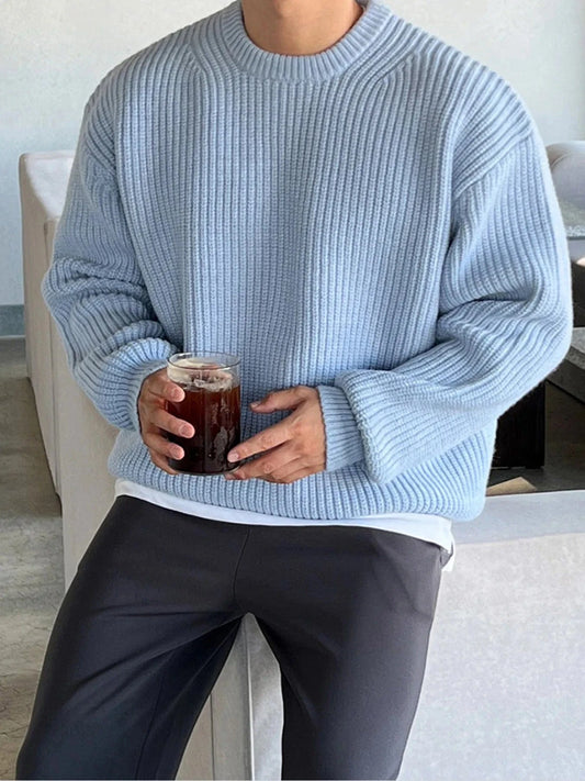 Men's Oversized Ribbed Round Neck Sweater Blue / S The Nichole Collection