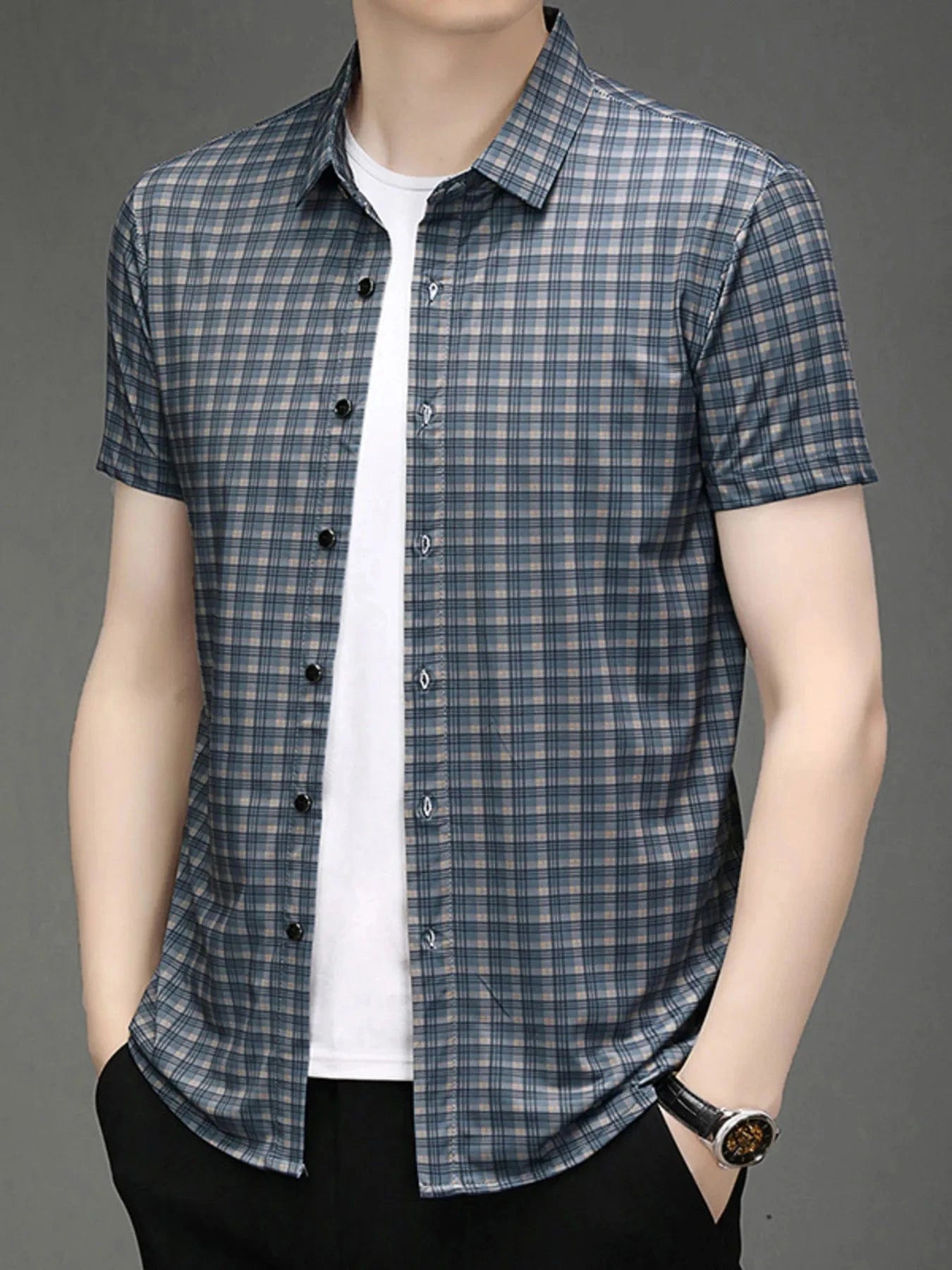 Men's Plaid Short Sleeve Casual Shirt Blue Gray / 165 The Nichole Collection
