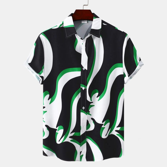 Men's Plus Size Abstract Wave Pattern Short Sleeve Button-Up Shirt Black / M Jonathan M Collection