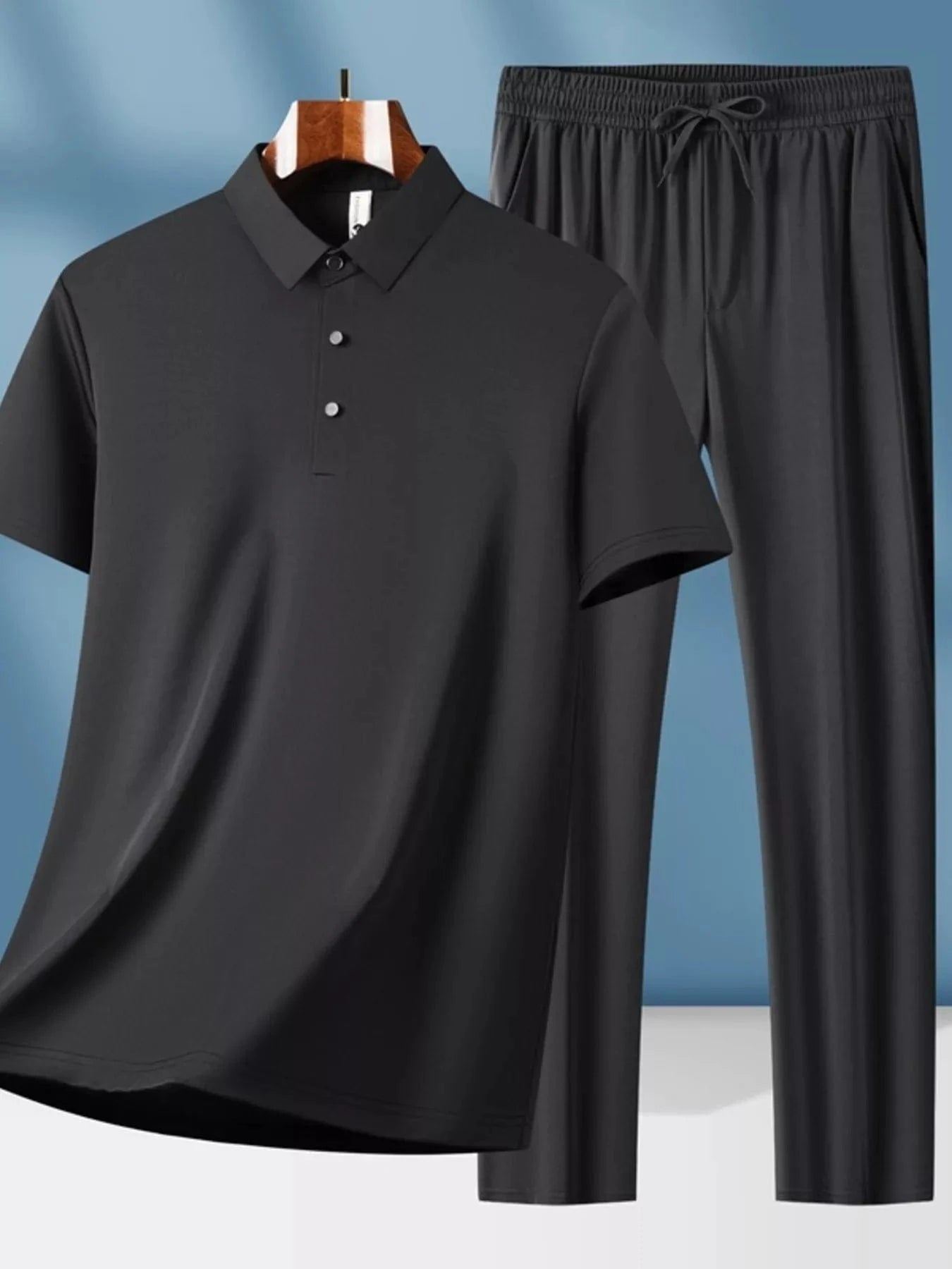 Men's Plus Size Button Detail Short Sleeve Top and Pants Set Black / M The Nichole Collection