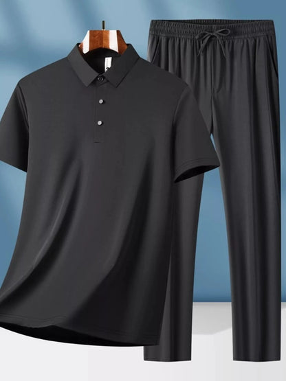 Men's Plus Size Button Detail Short Sleeve Top and Pants Set Black / M The Nichole Collection