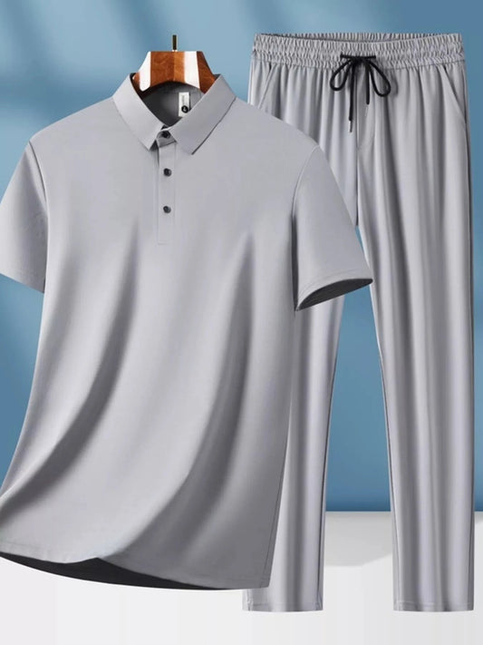 Men's Plus Size Button Detail Short Sleeve Top and Pants Set Gray / M The Nichole Collection