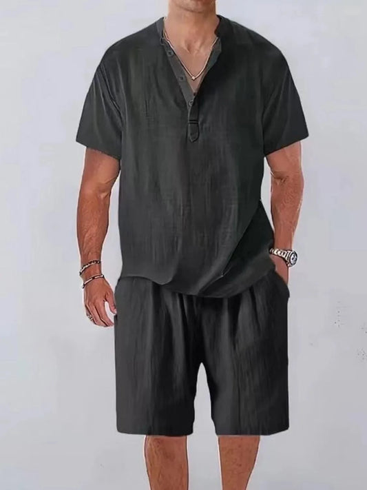 Men‘s Plus Size Button Detail Short Sleeve Top and Shorts Set Black / M Jonathan M Collection