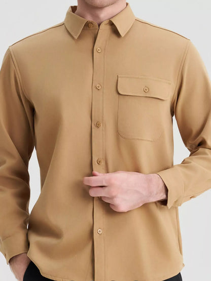 Men's Plus Size Button Up Long Sleeve Shirt Khaki / M Trendsi
