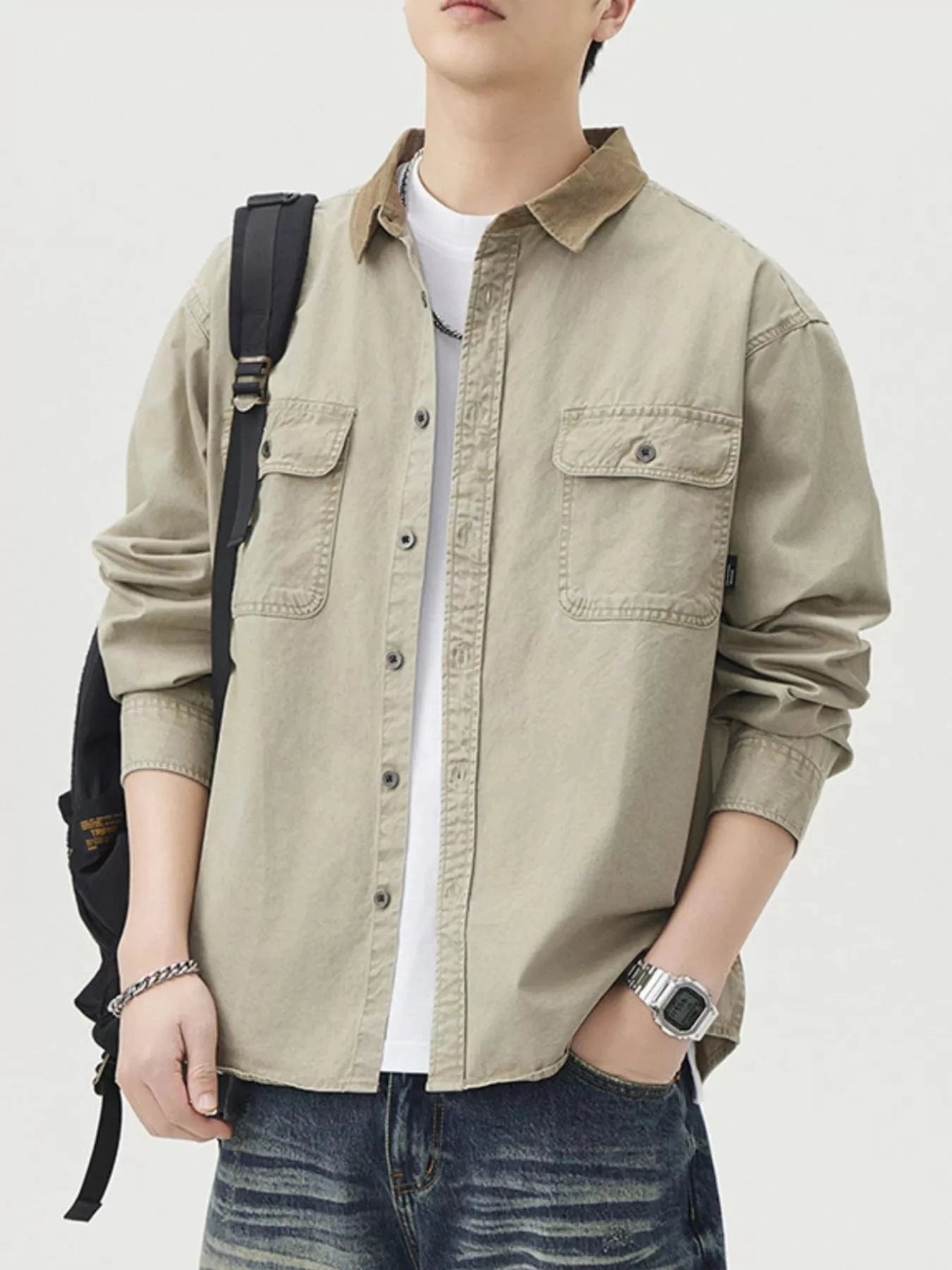 Men's Plus Size Button Up Shacket with Dual Chest Pockets Jackets Khaki / M The Nichole Collection