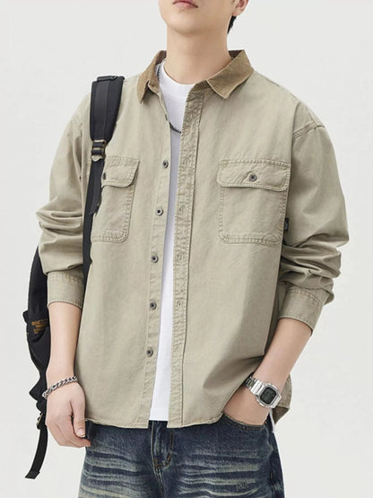 Men's Plus Size Button Up Shacket with Dual Chest Pockets Jackets Khaki / M The Nichole Collection