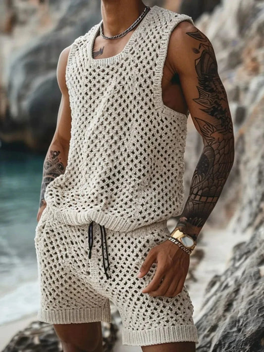 Men's Plus Size Hollow Out Round Neck Tank and Shorts Set Beige / M Jonathan M Collection