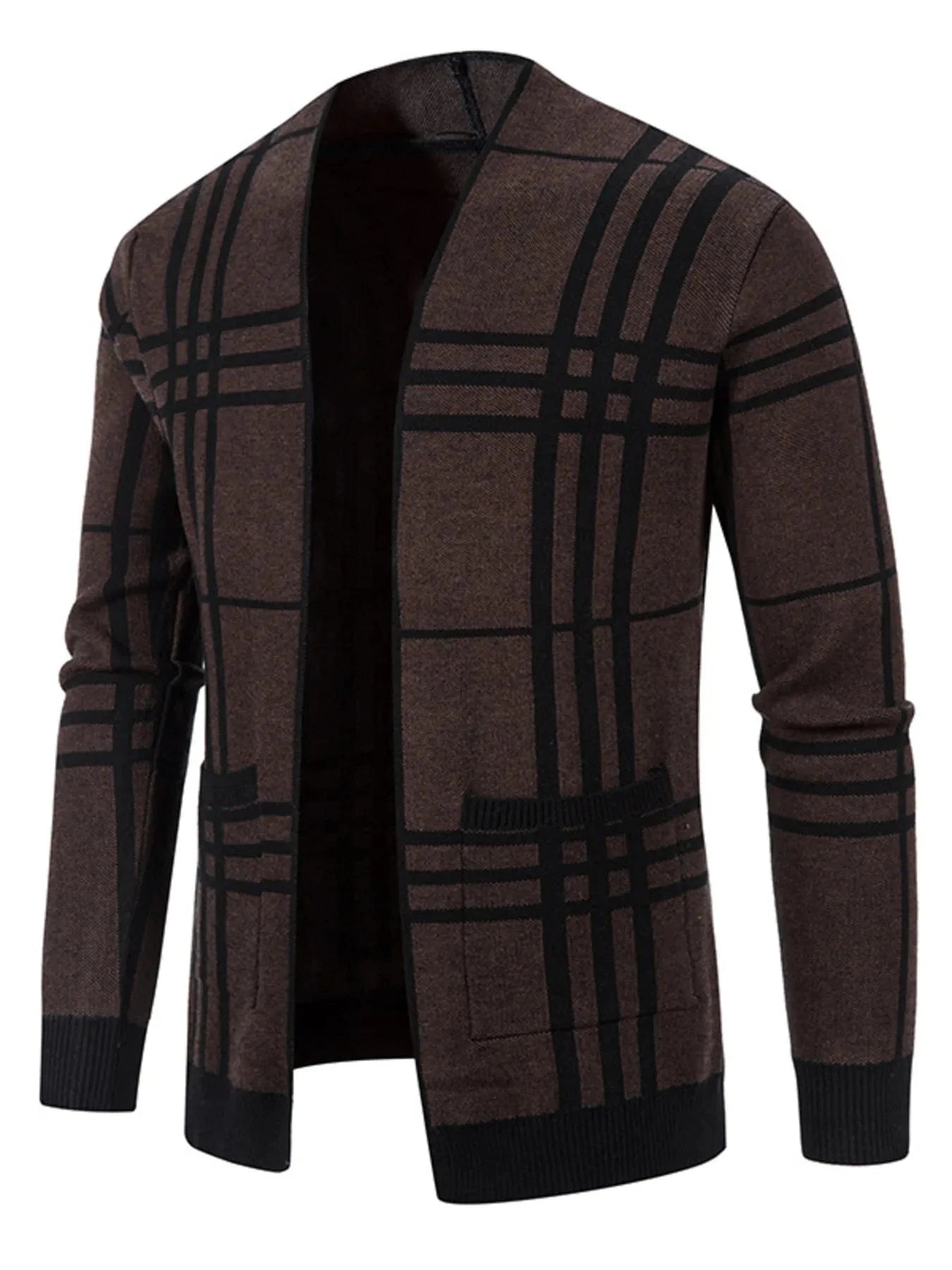 Men's Plus Size Plaid Open Front Long Sleeve Cardigan Brown / M The Nichole Collection