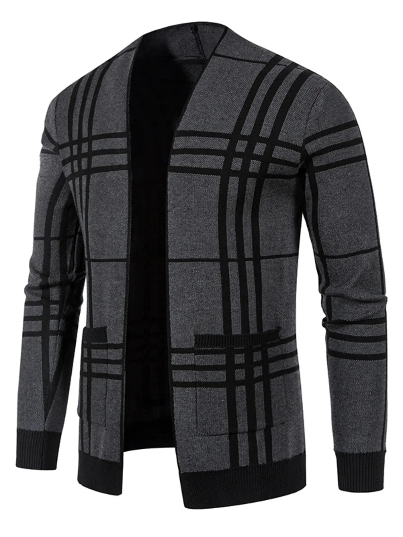 Men's Plus Size Plaid Open Front Long Sleeve Cardigan Black / M The Nichole Collection