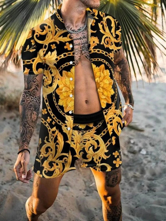 Men's Plus Size Printed Short Sleeve Shirt and Shorts Set Gold / M Jonathan M Collection
