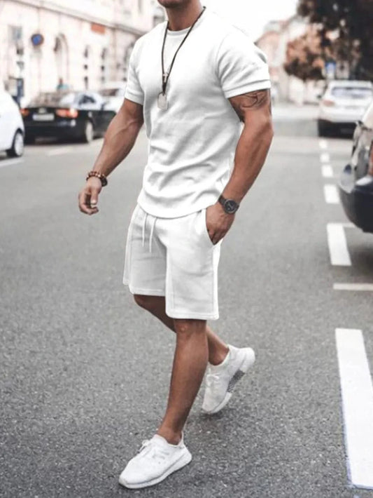 Men's Plus Size Round Neck Short Sleeve Top and Shorts Set White / M Jonathan M Collection