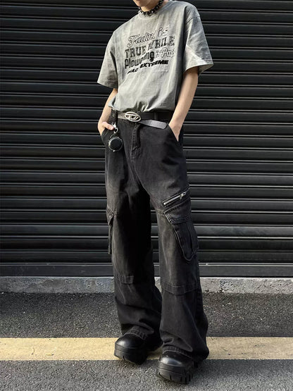 Men's Vintage Wash Wide Leg Cargo Jeans | The Nichole Collection