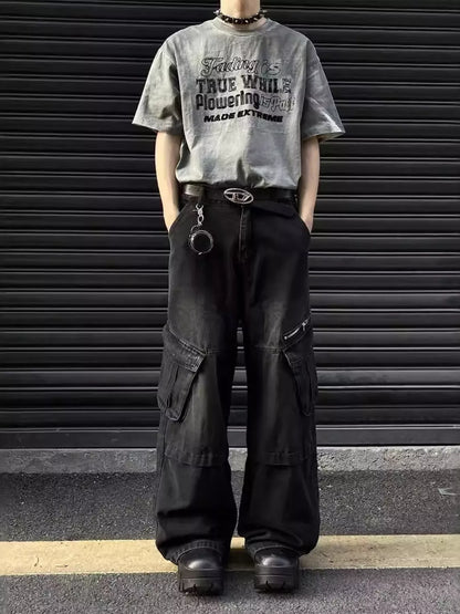 Men's Vintage Wash Wide Leg Cargo Jeans | The Nichole Collection