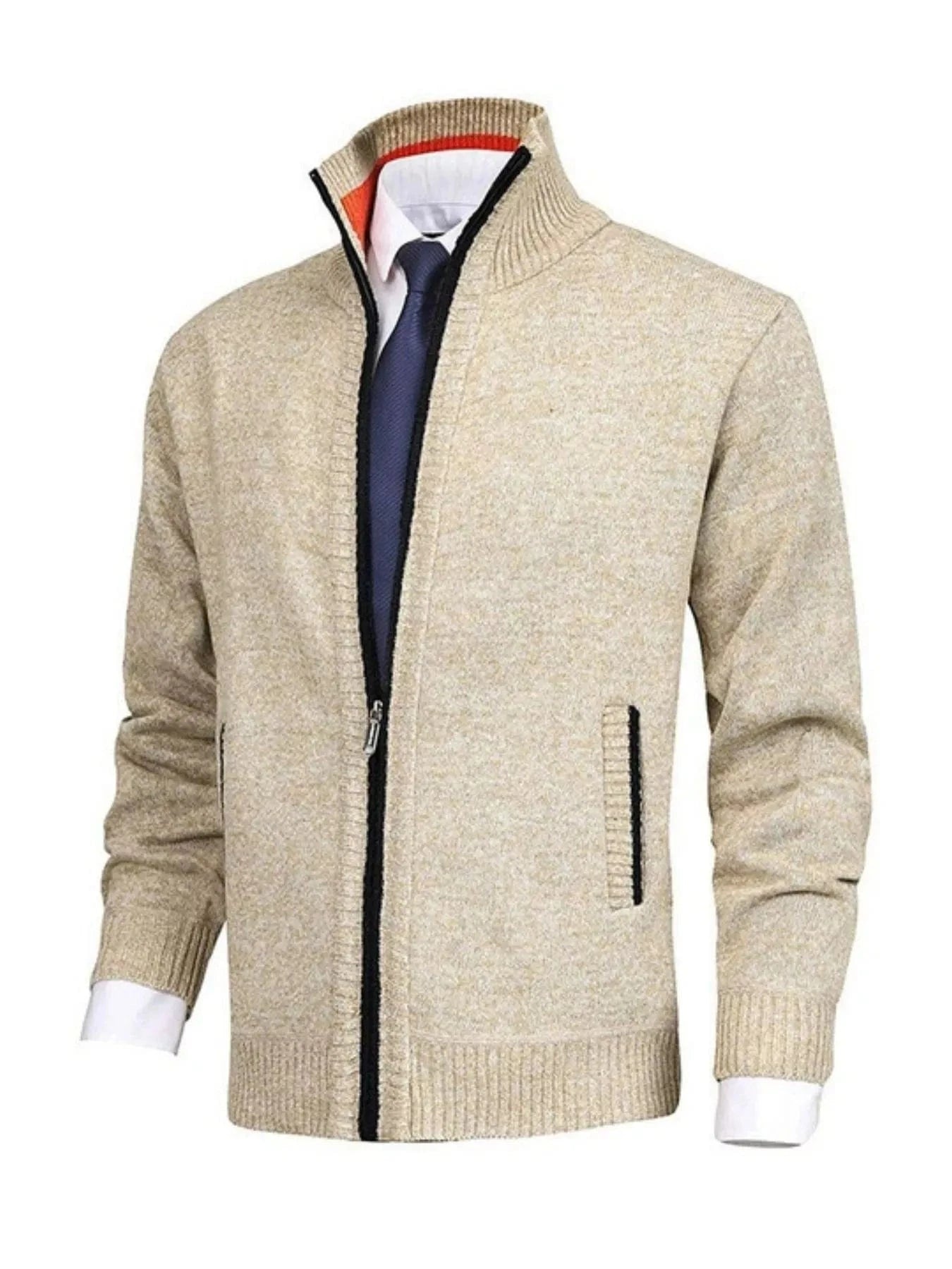 Men's Plus Size Zip Up Ribbed Hem Cardigan Beige / M The Nichole Collection