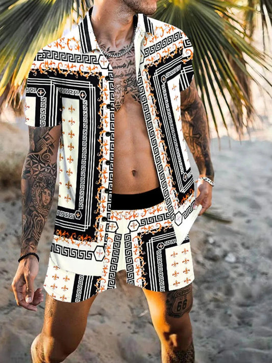 Men's Printed Collared Neck Short Sleeve Top and Shorts Set White / S The Nichole Collection