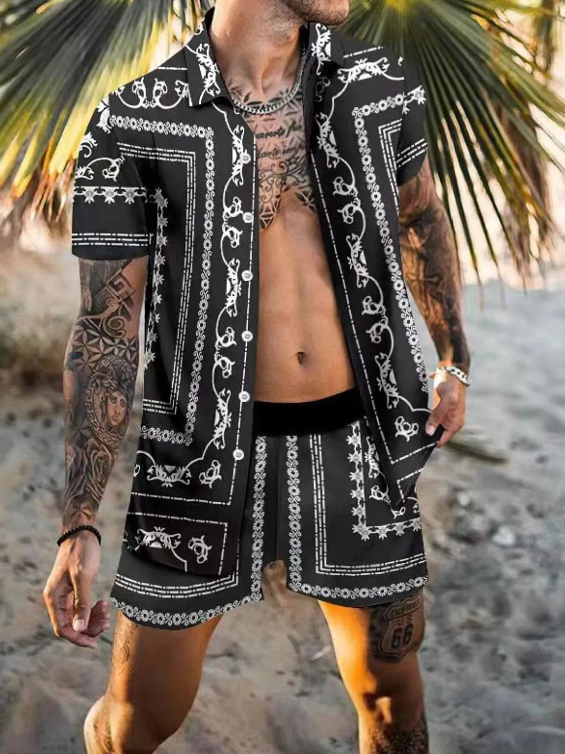 Men's Printed Collared Neck Short Sleeve Top and Shorts Set Black / S The Nichole Collection