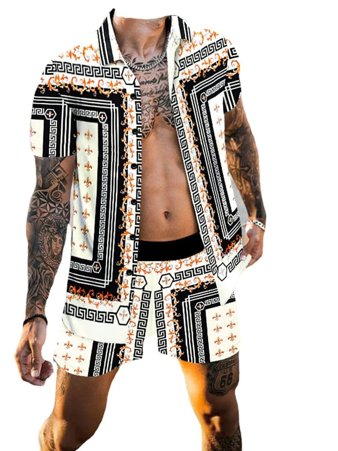 Men's Printed Collared Neck Short Sleeve Top and Shorts Set The Nichole Collection